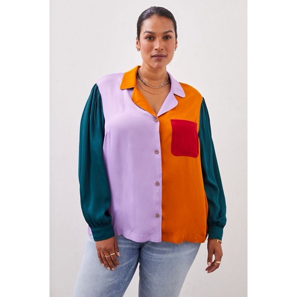 FARM Rio Anthropologie Colorblock Blouse XL Multicolor Button Front